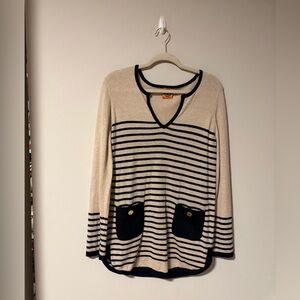 Tory Burch Navy and Cream Striped Long Sleeve Tunic Large